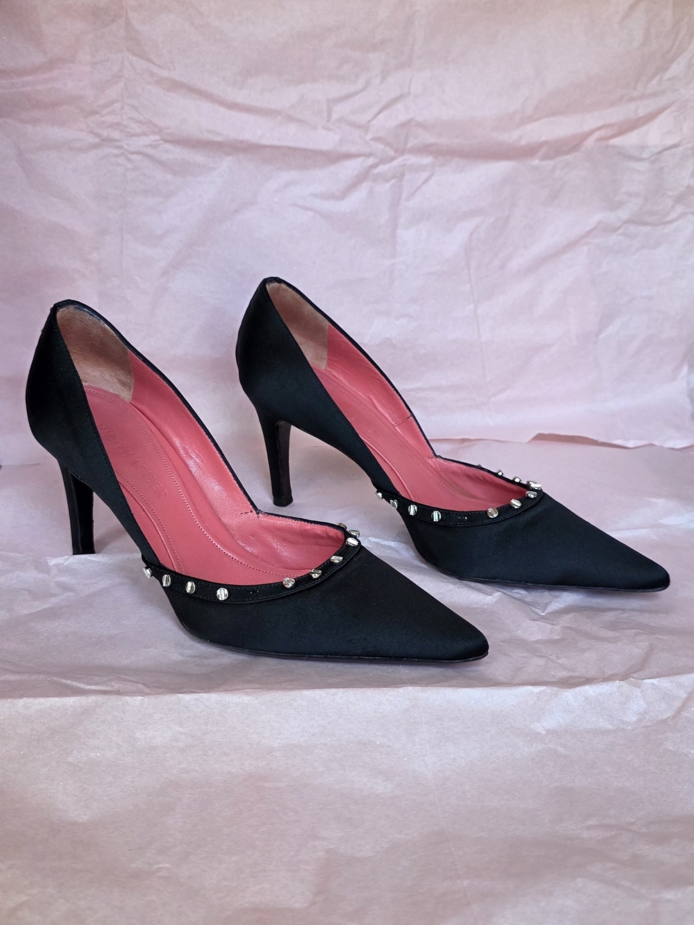 Judith Leiber Black Pointed- Toe Pumps and Silver Studs ( 3 Studs Missing)